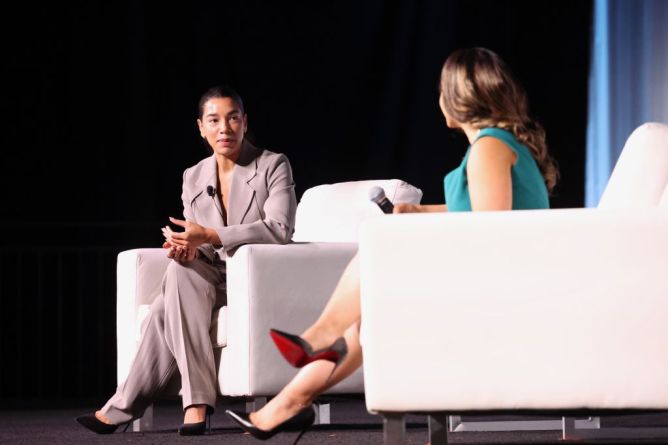 Founder and CEO of Blavity Inc. Morgan DeBaun and Angel Investor, Hannah Bronfman onstage at AfroTech Conference 2024.